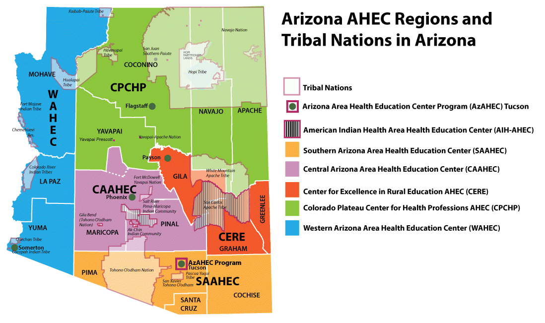 Map of Arizona with AHEC Regional Centers listed